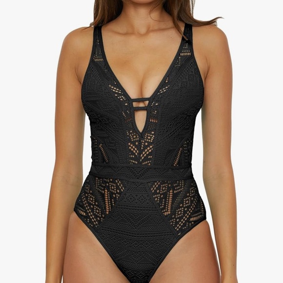BECCA Black Crochet One-Piece Swimsuit - Picture 1 of 4